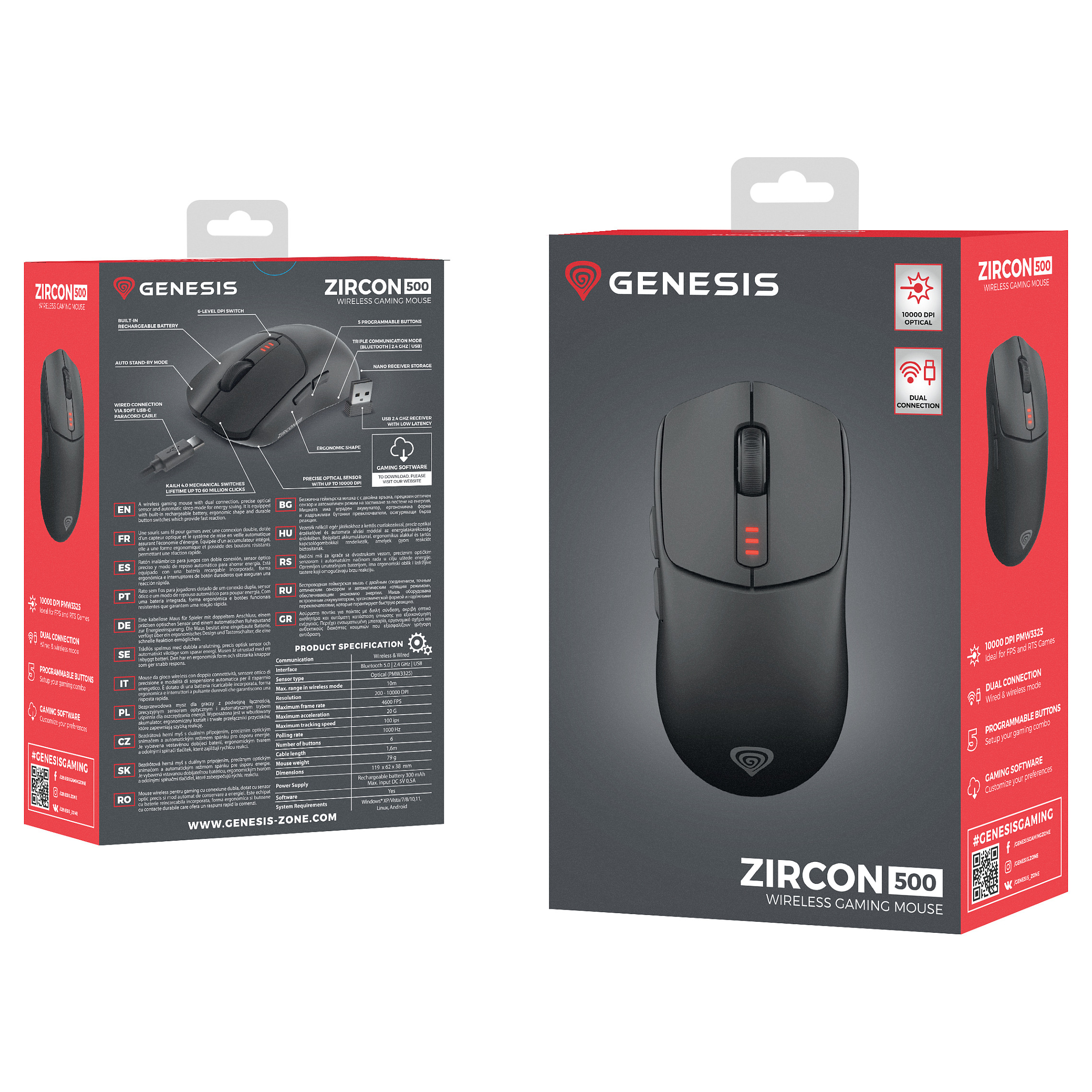 Maus Gaming Genesis Zircon 500 / Wireless / PixArt PMW3325 / 10.000 DPI / 6 Butona / 2.4 GHz / Bluetooth 5.0 / USB-C - Zezë - 15