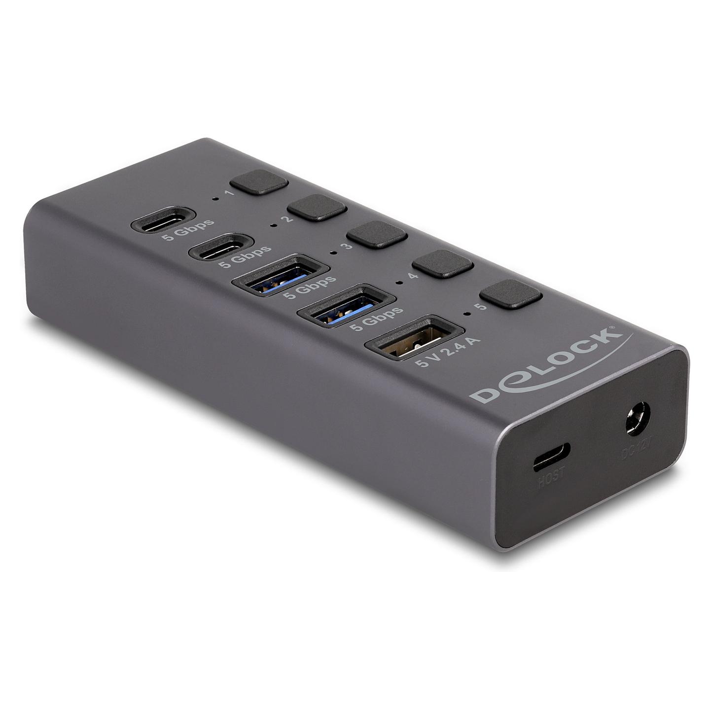 Hub USB DeLOCK 64248, 2x USB-A, 2x USB-C, USB 5 Gbps, Portë Karikimi USB-A 2.4A, 5 Ndërprerës, Kuti Metalike – Gri