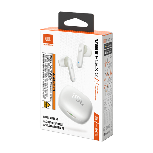 Kufje pa kabllo JBL Vibe Flex 2 / 12mm / Bluetooth 5.3 / Smart Ambient / 40H / Mikrofon / IP54 - Bardhë