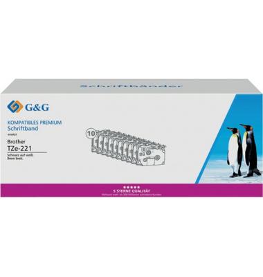 Shirit për Printer G&G / Kompatibil me Brother TZe-221 / 10 Copë / I Laminuar / 9 mm × 8 m / Shkrim i Zi mbi të Bardhë - 2