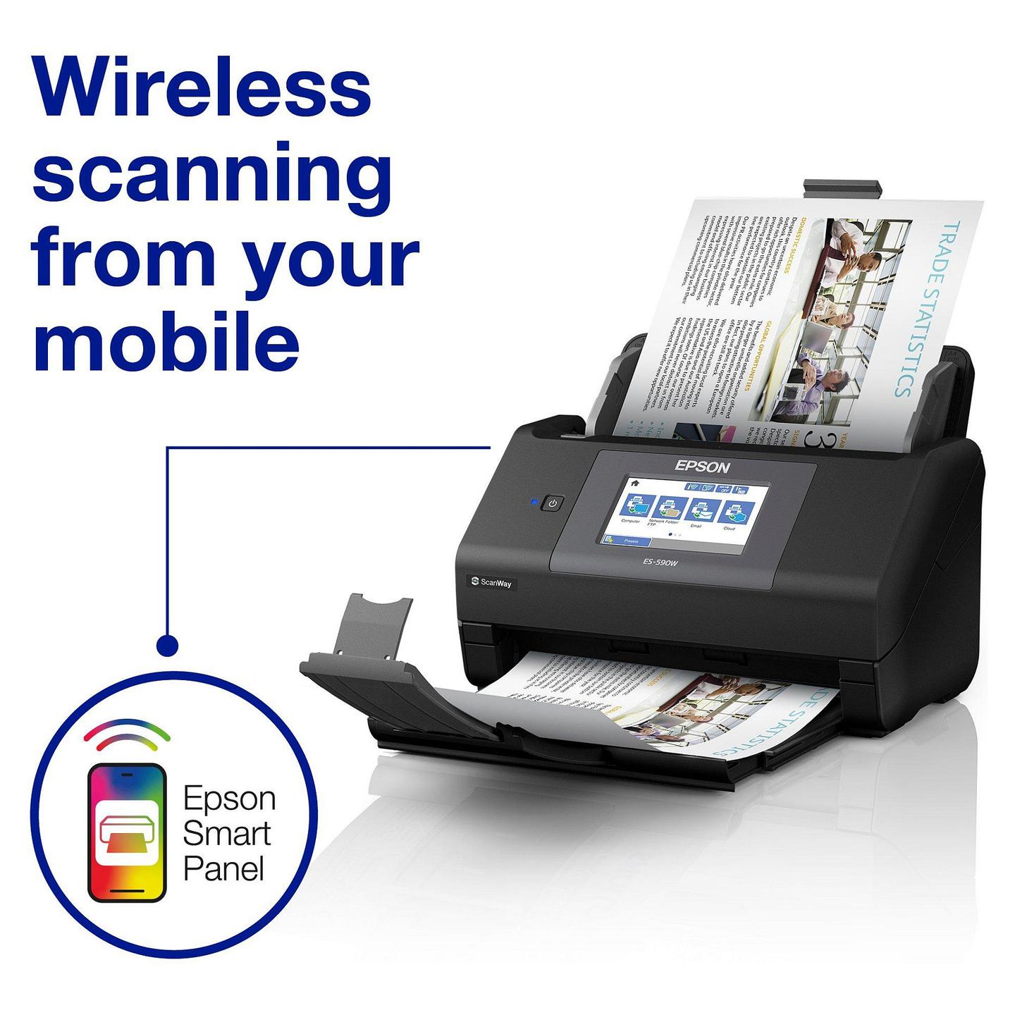 Skaner Epson WorkForce ES-590W / A4 / CIS / 600 × 600 DPI / Duplex / 45 ppm / 90 ipm / ADF 100 Fletë / Wi-Fi / USB 3.2 - Zezë - 3