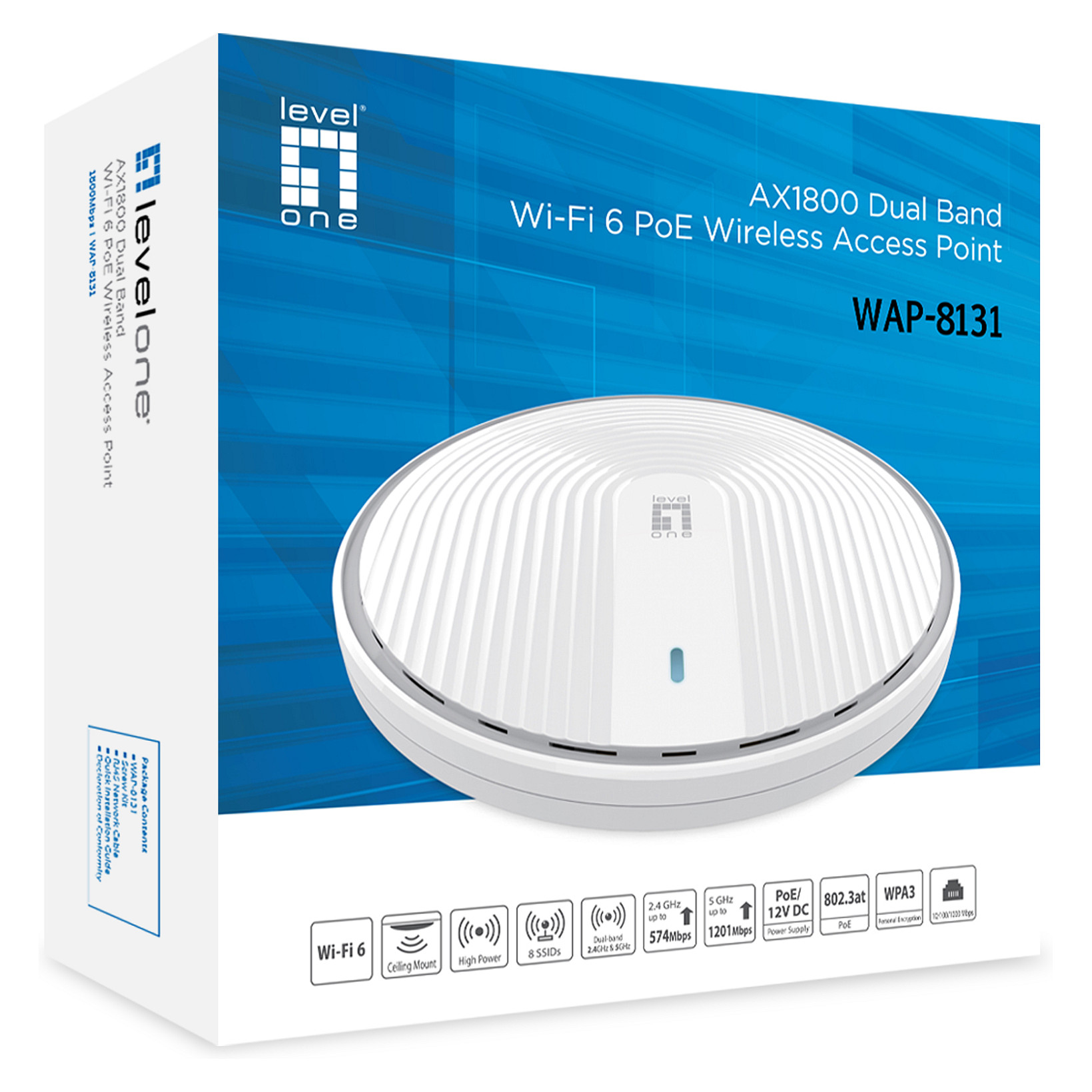 LevelOne WAP-8131 AX1800 WiFi 6 Dual Band PoE Wireless Access Point – 2× Gigabit LAN, MU-MIMO, WPA3, i bardhë - 6
