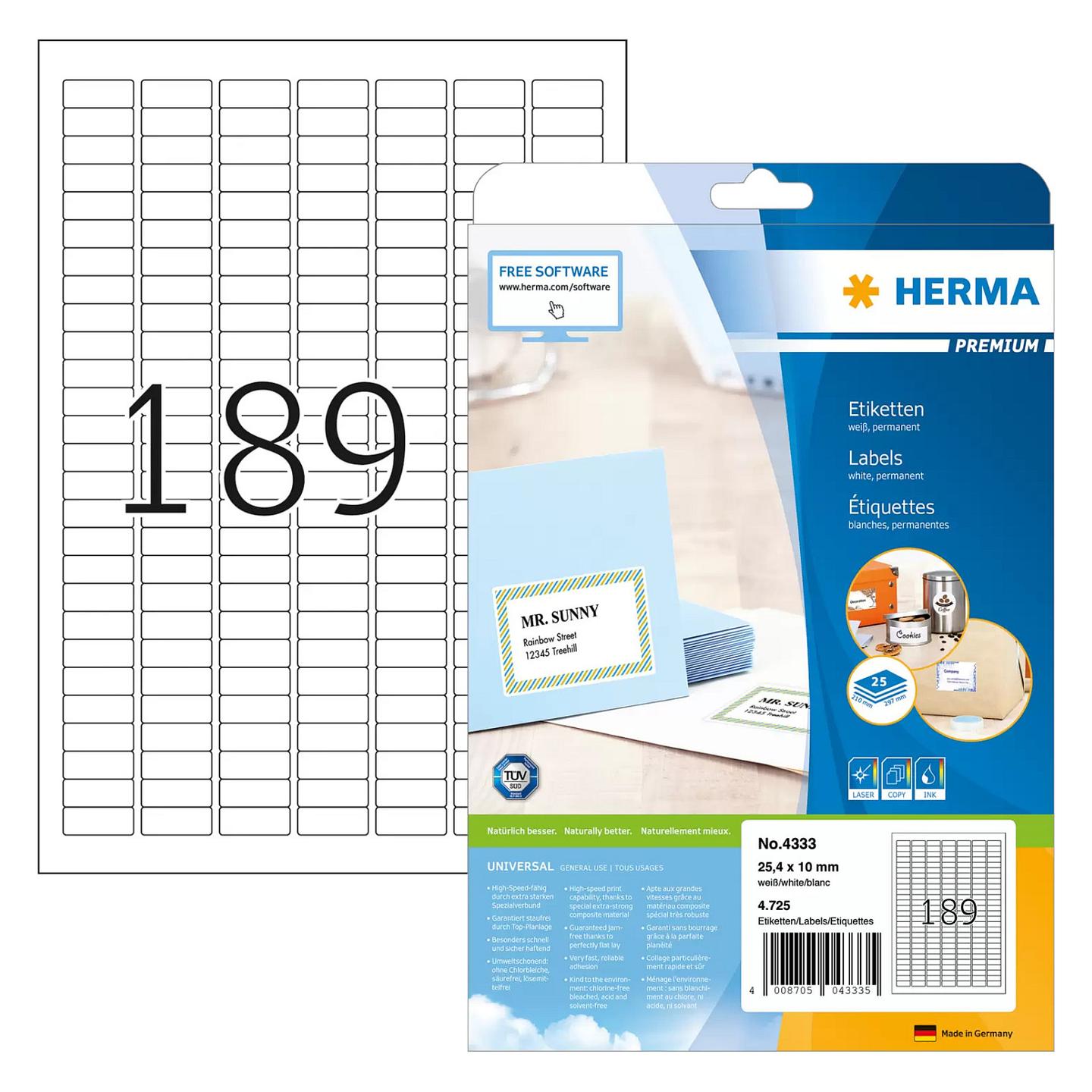 Etiketa për Printim HERMA PREMIUM 4333, A4, 25,4 × 10 mm, 4725 copë - Bardhë