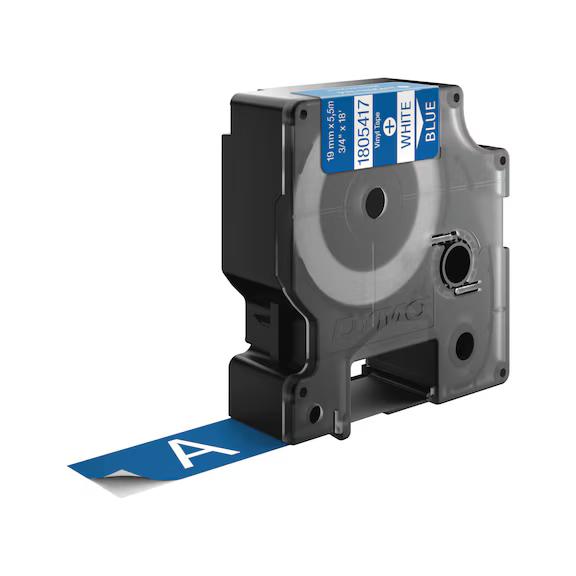 Shirit Printeri DYMO Rhino Industrial Vinyl, 1805417, 19mm × 5,5m, për Rhino 4200/5000/5200/6000 – Blu/Bardhë