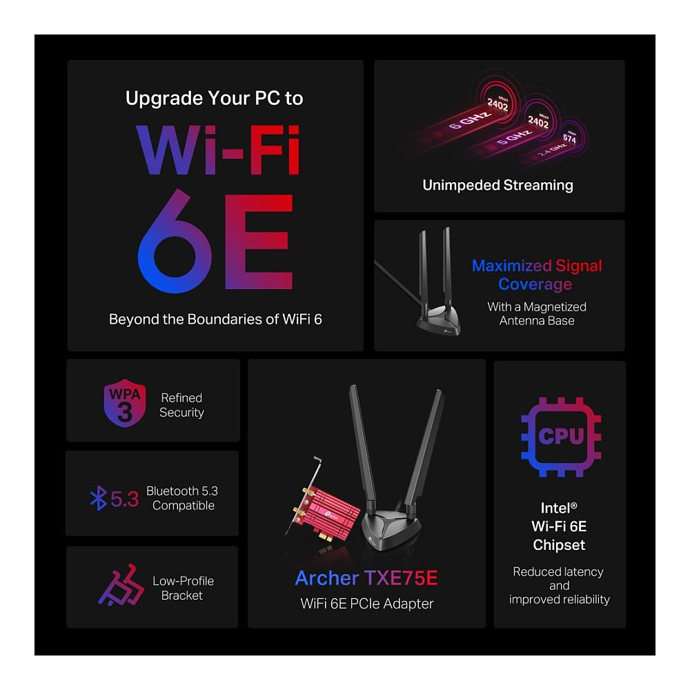 Kartë Rrjeti TP-Link Archer TXE75E, Wi-Fi 6E AXE5400, Tri-Band, Bluetooth 5.2, PCIe - Zezë/Kuqe - 4