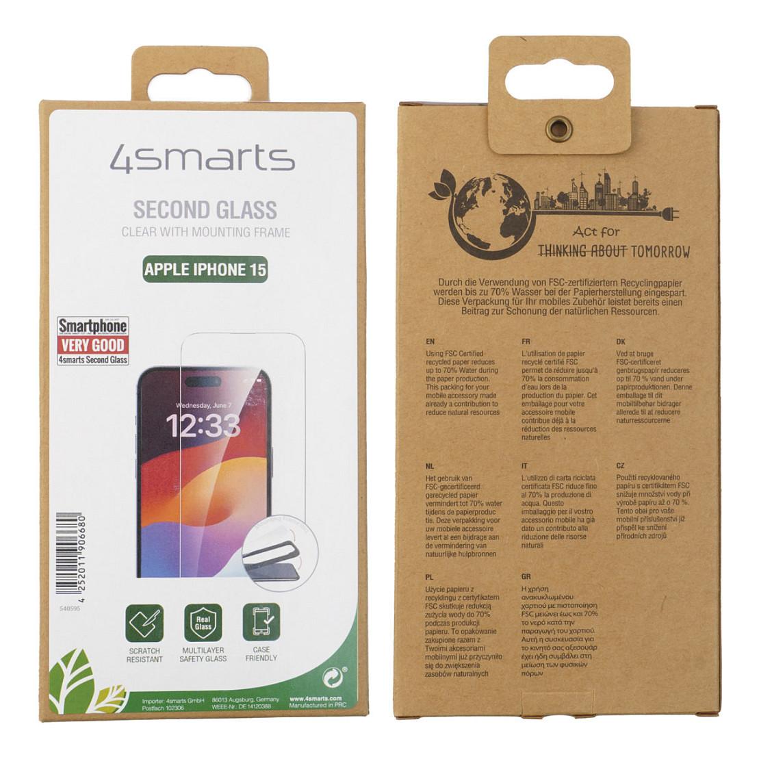 Mbrojtëse për ekran 4smarts Second Glass / iPhone 15 / Xham i Temperuar 9H / Montim me kornizë - Transparente - 2