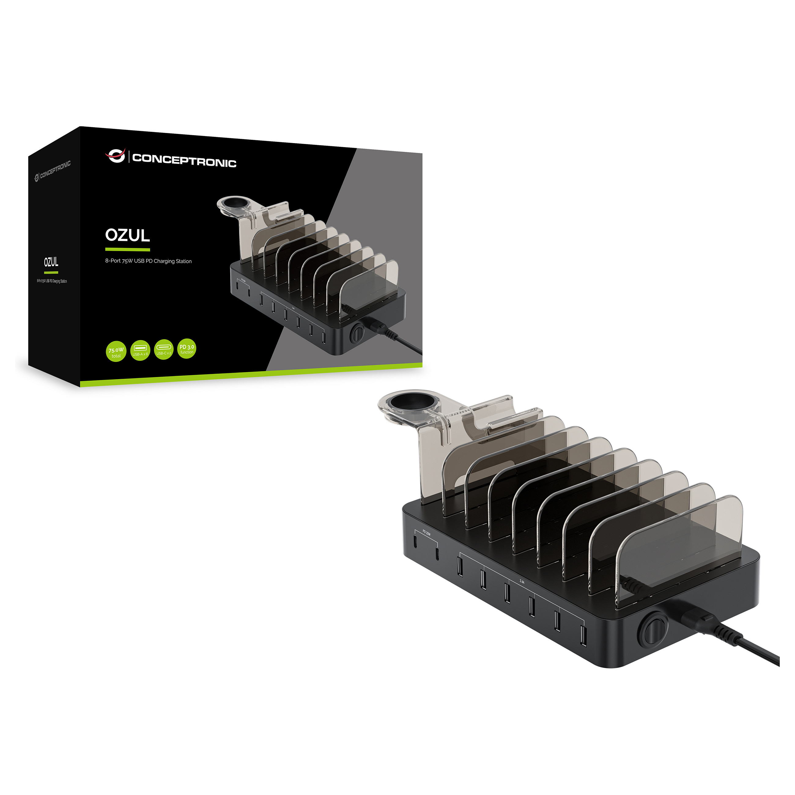 Conceptronic 8-Port USB Charger  6x USB-A / 2x USB-C – 75W PD / 3.0 – Zezë - 4