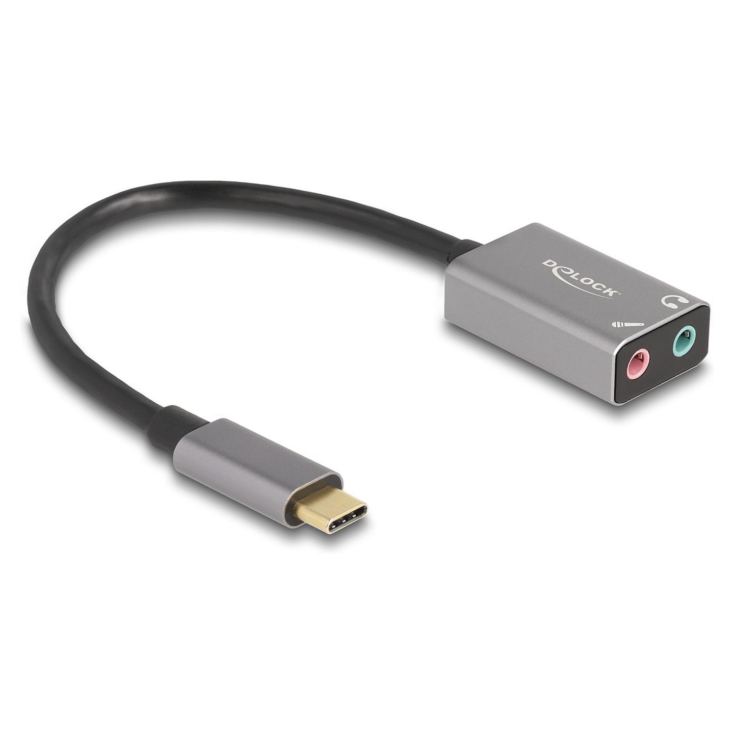 Karta e Zërit USB DeLOCK 67071 / USB Type-C / 2× Jack 3.5 mm / Mikrofon + Altoparlant / 16 Bit / 48 kHz / 14.5 cm - Gri