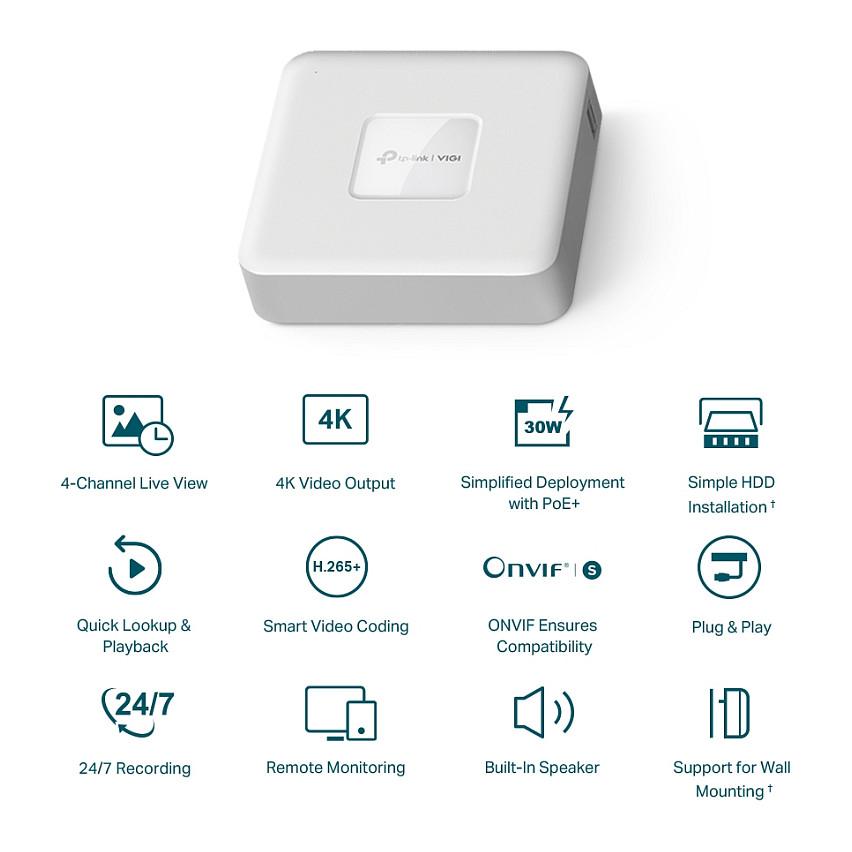TP-Link VIGI NVR1104H-4P 4-Channel PoE+ Network Video Recorder – 4× PoE+, 53W, 4K HDMI, 1× SATA deri 10TB, H.265+, ONVIF – Bardhë - 2