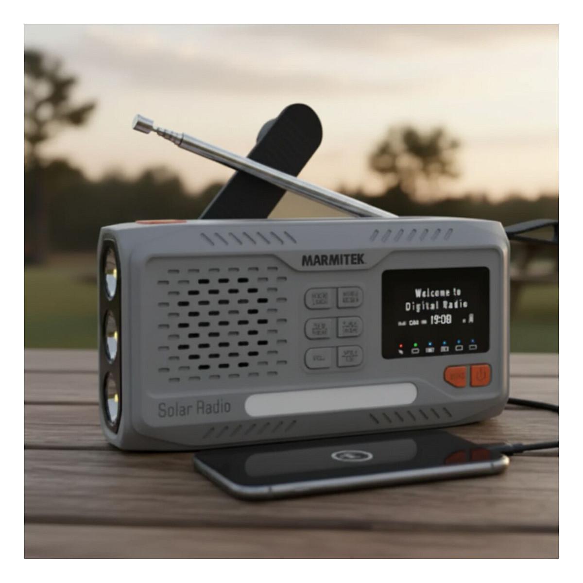 Radio portative Marmitek RESQ 100, DAB, DAB+, FM, 3 W RMS, Ekran LCD, Dalje për kufje 3,5 mm, USB-C, Me kurdisje - Gri e çelët - 3