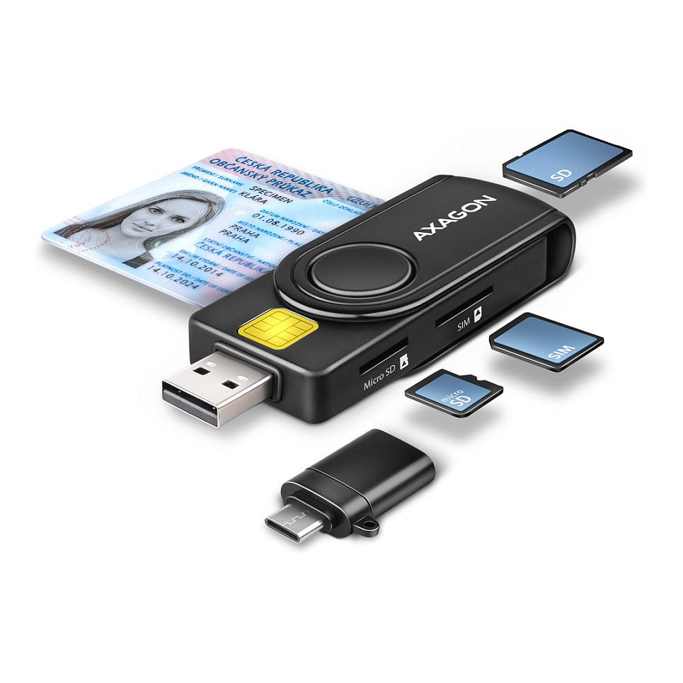 Lexues Kartelash AXAGON CRE-SMP2A, USB 2.0, Smart Card/ID, SD, microSD, SIM, USB-A me adapter USB-C – Zezë
