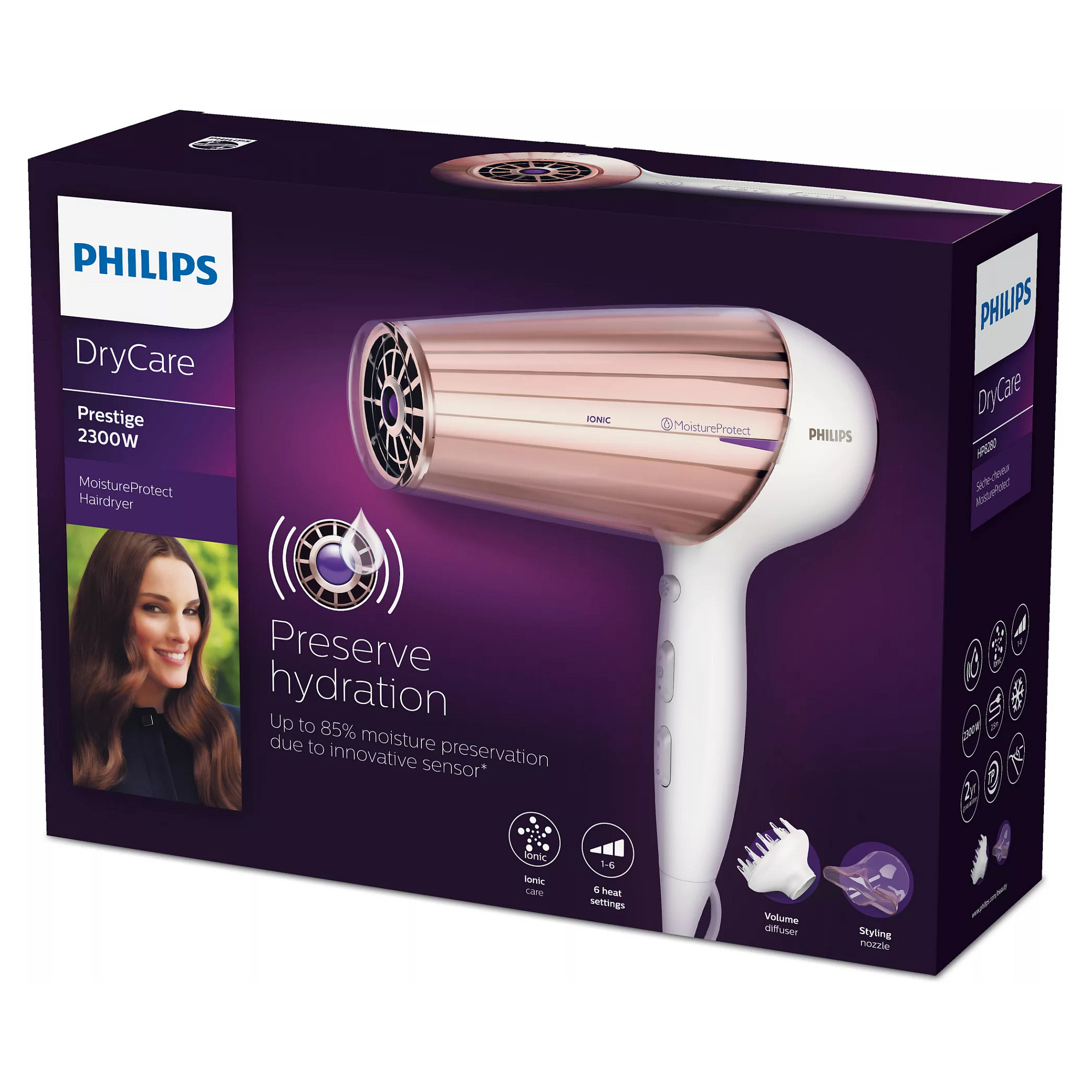 Tharëse për flokë Philips DryCare Prestige MoistureProtect HP8280/00 / 2100-2300W / Infrared Sensor / Ionic / 6 Cilësime / Cool Shot / Diffuser – Bardhë/Ari - 2
