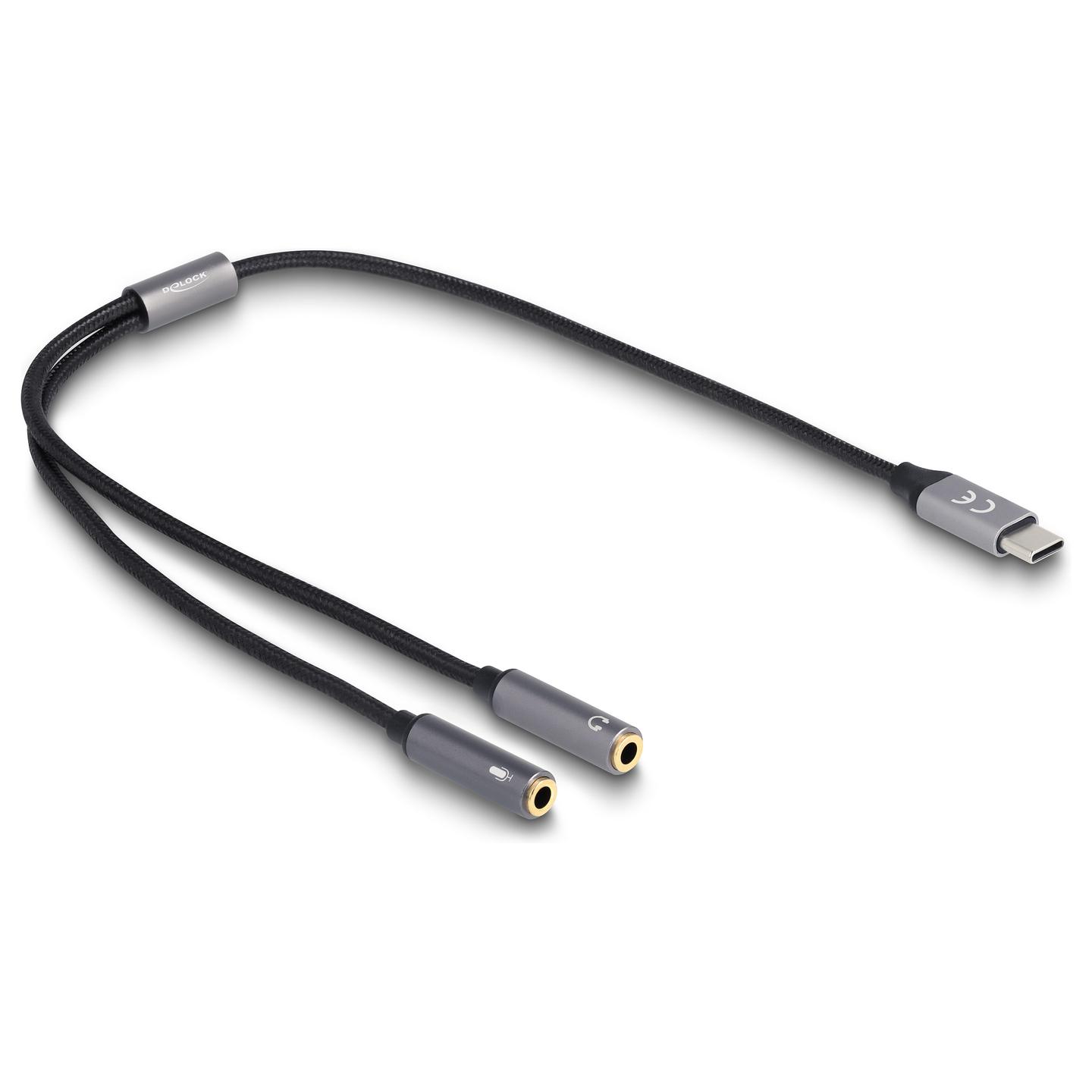 Adapter Audio USB DeLOCK 66616, USB-C Mashkull në 2x 3.5mm Femër, 3-pin, DAC 24-bit, 96kHz, ADC 16-bit, 48kHz, 40cm - Zezë - 1