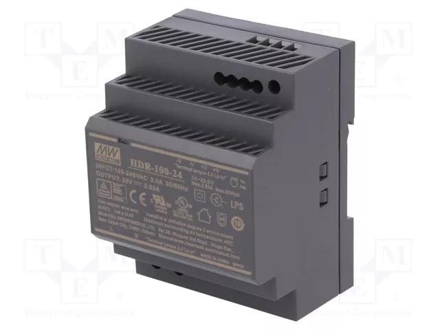 Furnizues Energjie Mean Well HDR-100-24, 92W, 24V DC, 3.83A, DIN Rail – Bardhë