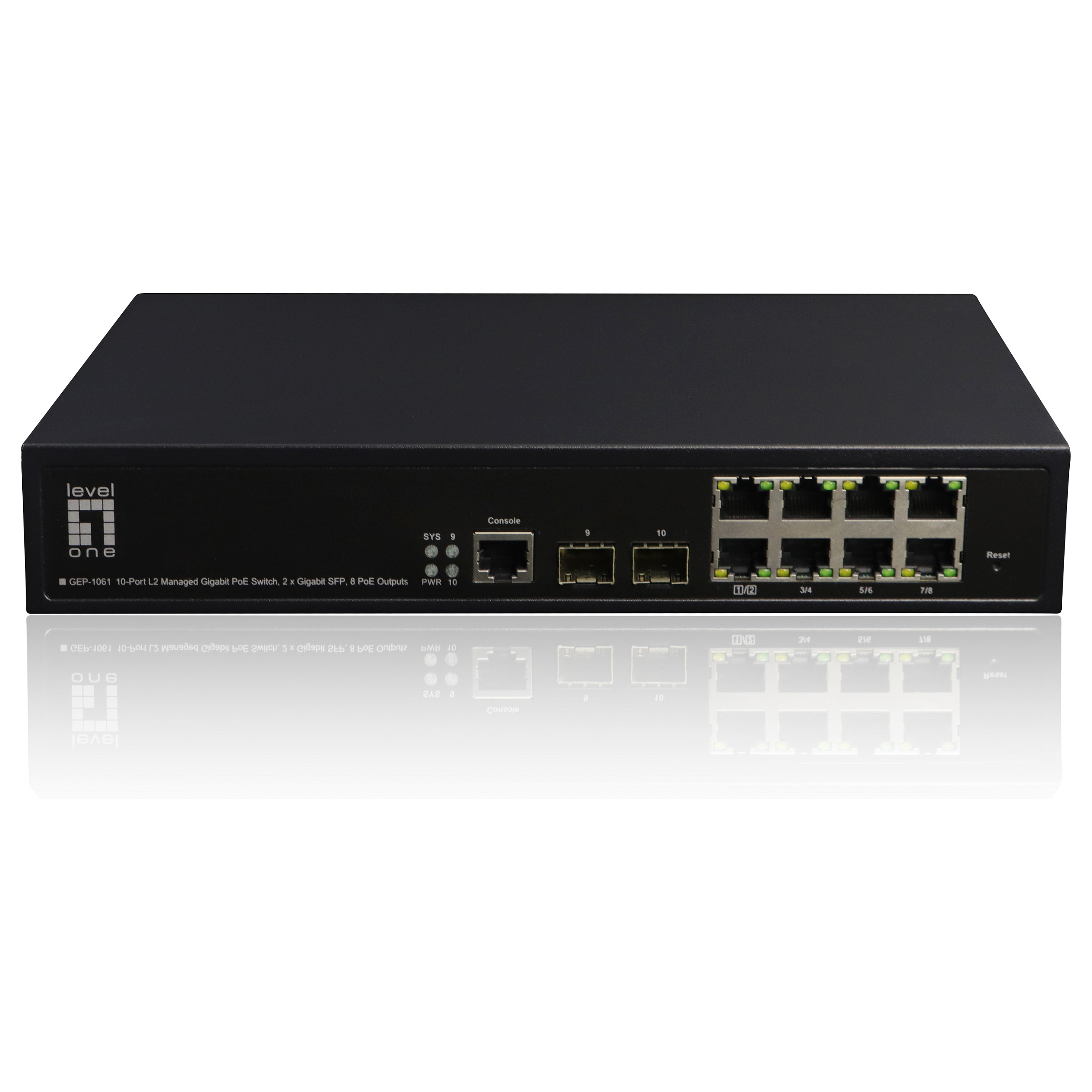 LevelOne GEP-1061 10-Port L2 Managed Gigabit PoE Switch, 8-Port PoE+, 180W Budget, 2x Gigabit SFP Uplink - 1