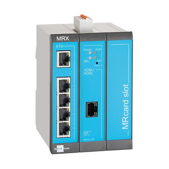 INSYS icom MRX3 DSL-B, Ruter Industrial VDSL2/ADSL2+, Annex J/B, 5× Fast Ethernet 10/100 Mbps, 2× Hyrje Digjitale (DI), 1× Slot Zgjerimi MRcard, VPN, Montim në DIN-Rail – Gri/Blu