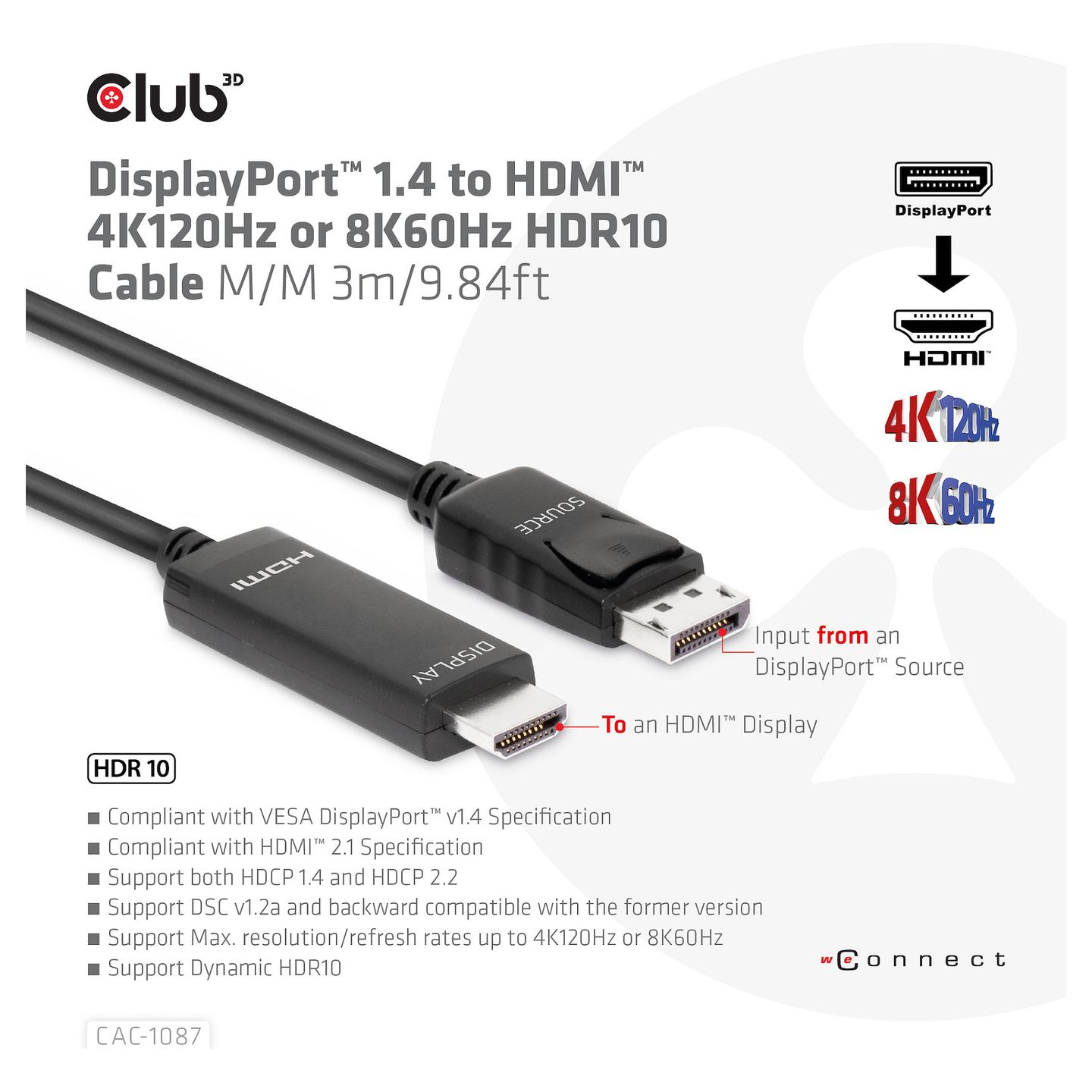Kabllo DisplayPort Club 3D CAC-1087 / DisplayPort 1.4 në HDMI 2.1 / 3m / 8K 60Hz / 4K 120Hz / HDR10 - Zezë - 4