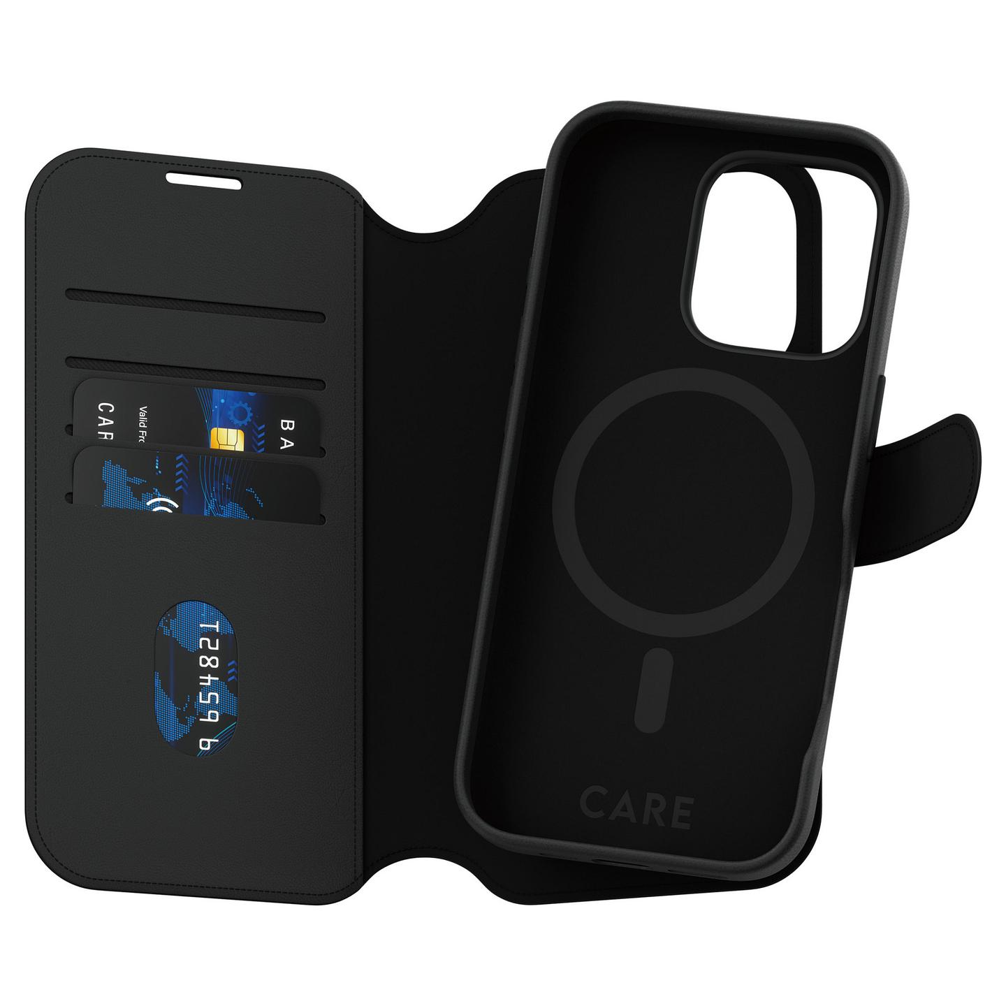 Case për Telefon CARE by PanzerGlass Tango 2-in-1 Wallet, iPhone 16 Pro, 4 Vende për Karta, MagSafe – Zezë