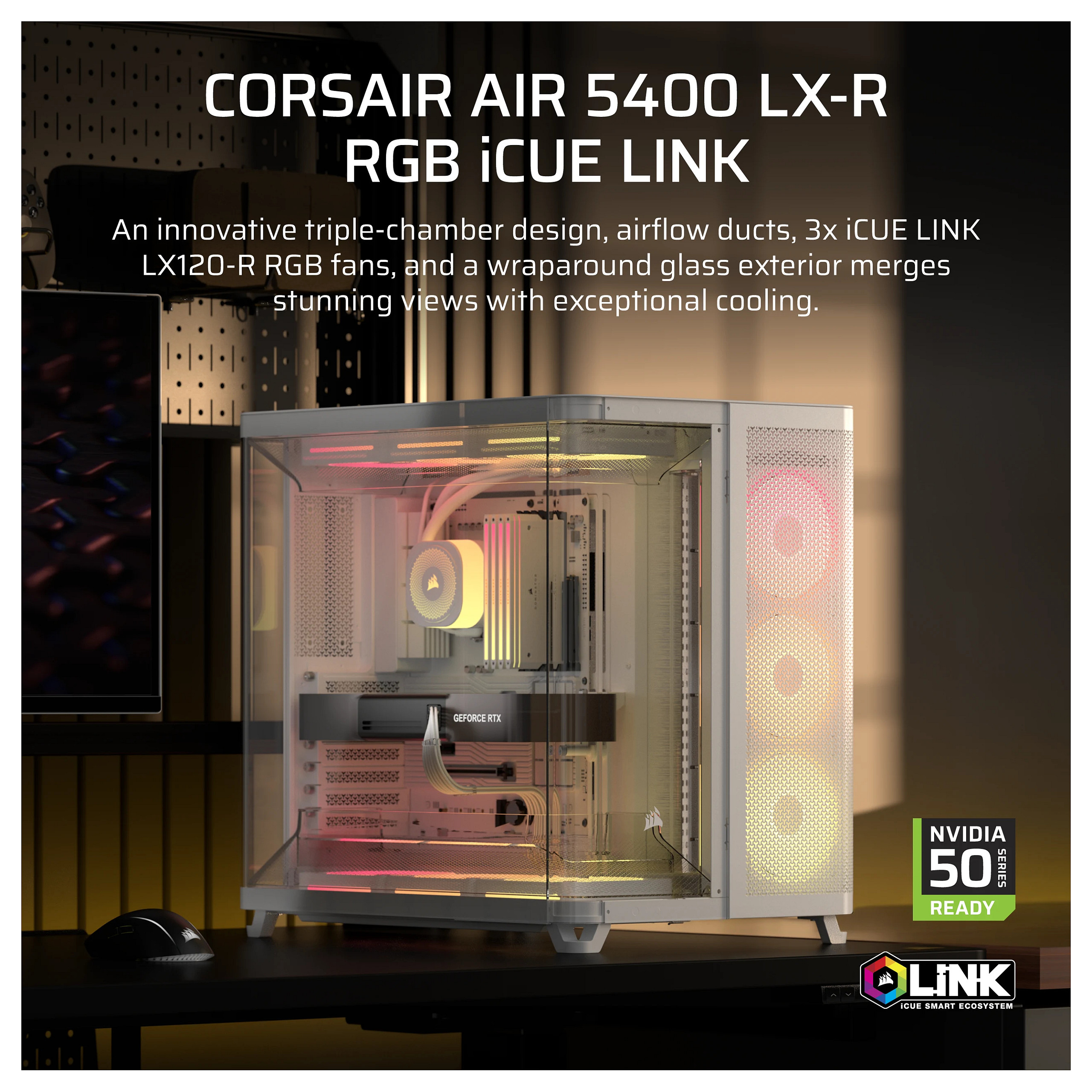 Kasë PC Corsair AIR 5400 LX-R RGB iCUE LINK / Midi Tower / E-ATX + ATX / 3x 120mm LX-R RGB Fan / Tempered Glass - Bardhë - 2