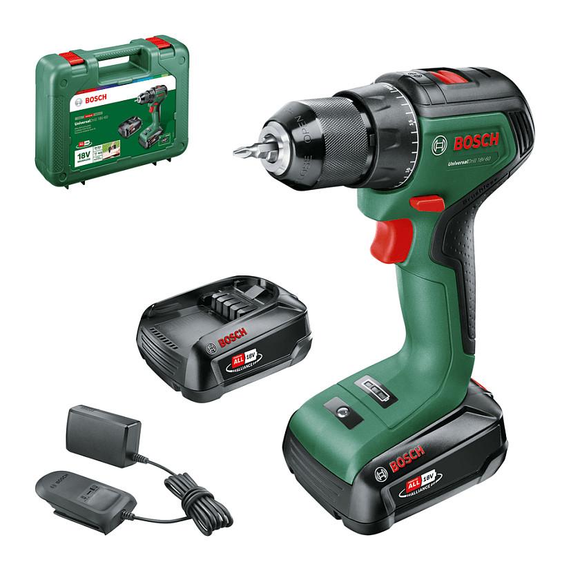 Shpuese me Bateri Bosch UniversalDrill 18V-60, 18V, 60Nm, 500–1900rpm, Mandrinë 13mm, 2x2Ah, Karikues, Valixhe - Gjelbër/Zezë - 2