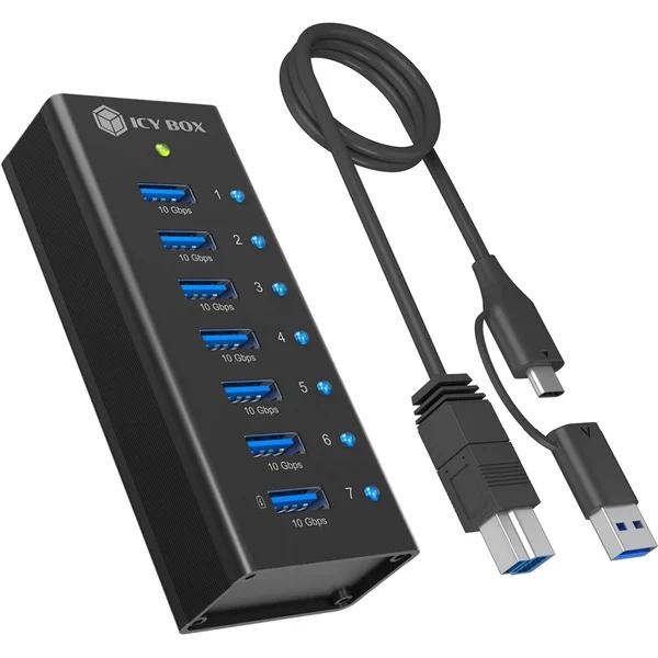 Hub USB ICY BOX IB-AC618a, 7x USB-A 3.2 Gen 2, 10 Gbps, 1 Portë për Karikim, Korpus Alumini – Zezë