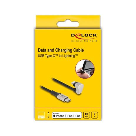 Kabllo USB DeLOCK 80026 / USB-C në Lightning / 2m / USB 2.0 / 3A / 480 Mbps / MFi / Këndore 180° / Tekstil - Zezë/Argjend - 7