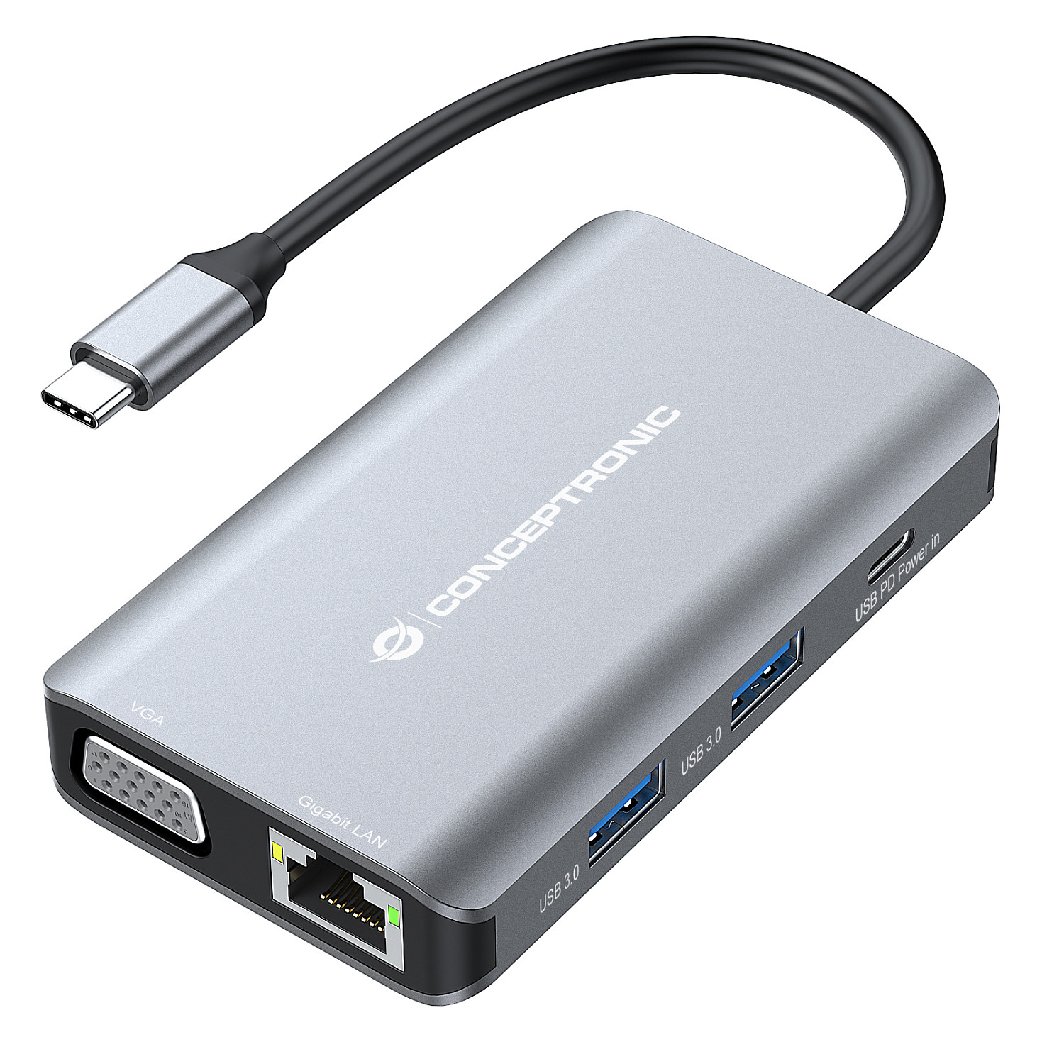 Hub Udhëtimi CONCEPTRONIC 7-në-1 USB-C në HDMI/3xUSB-A/VGA - Hiri - 2