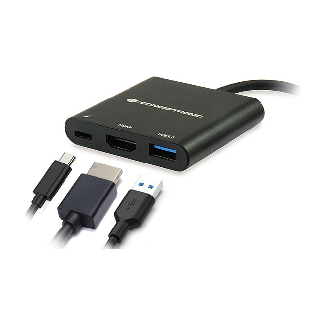 Hub Udhëtimi CONCEPTRONIC 3-në-1 USB-C në HDMI/USB-A 60W PD - Zezë - 9