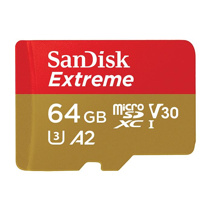 Kartë Memorie SanDisk Extreme / 64GB / microSDXC / UHS-I / U3 / V30 / A2 / Class 10 / 160MB/s Lexim / 60MB/s Shkrim / me Adapter SD - Zezë/E kuqe