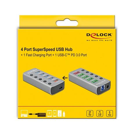 Hub DeLOCK 63263, 4x USB-A, USB 5Gbps, USB-A Karikim 2.4A, USB-C PD 3.0, 5x Ndërprerës, Furnizim i Jashtëm - Gri - 5