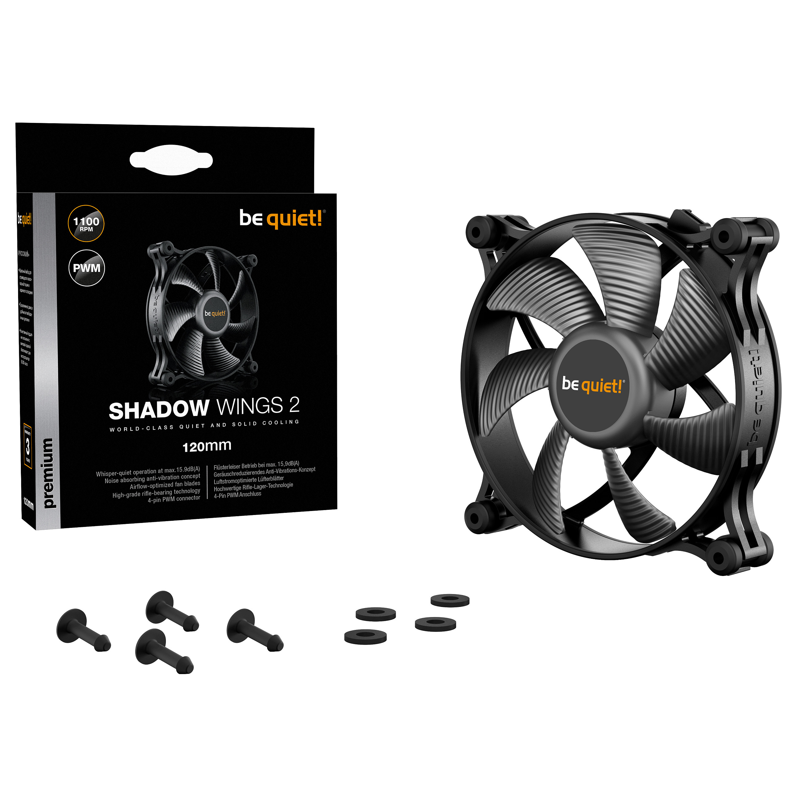 Ftohës për Kasë be quiet! Shadow Wings 2 / 120mm / 25mm / 1100 RPM / PWM / 38.5 CFM / 0.82 mmH₂O – Zezë - 5
