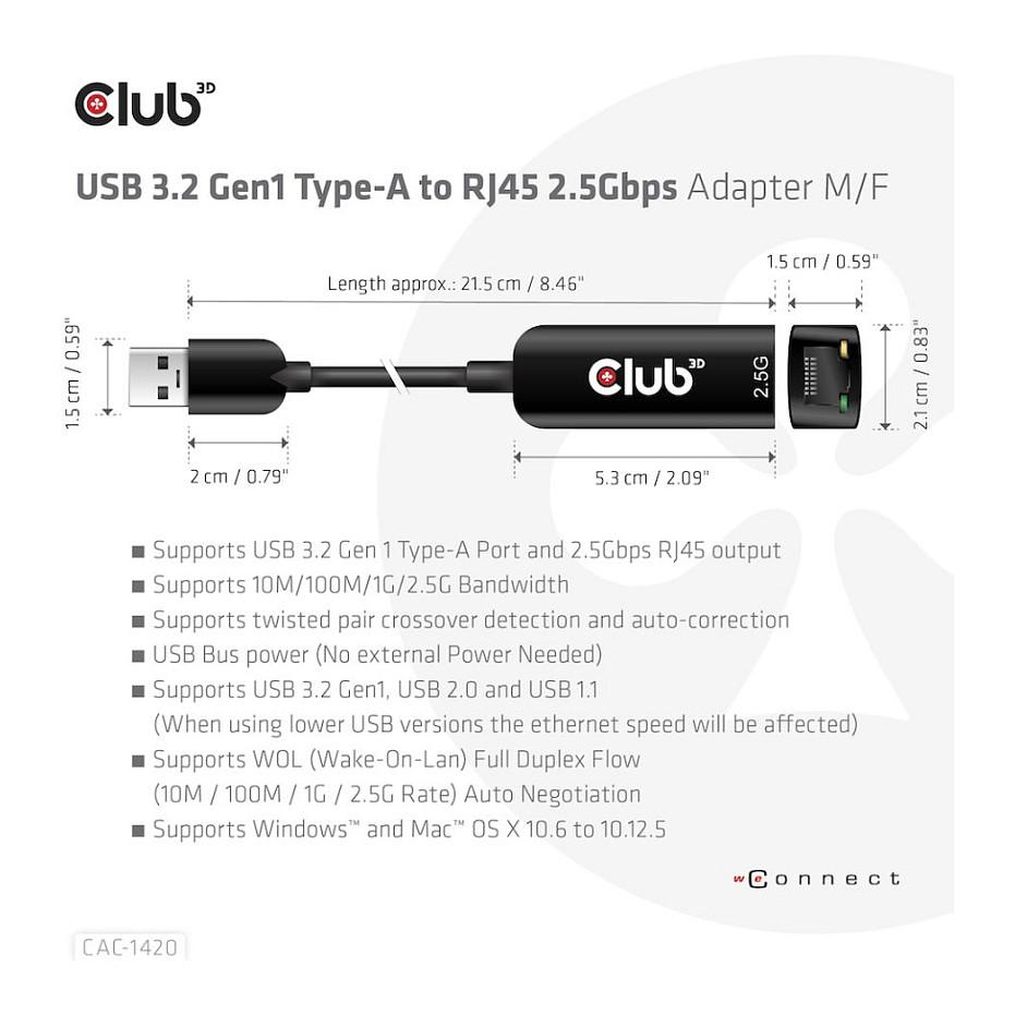 Adapter USB Club 3D CAC-1420 / USB-A në Gigabit Ethernet / RJ-45 / 2.5 Gbit/s / USB 3.2 Gen 1 - Zezë - 5
