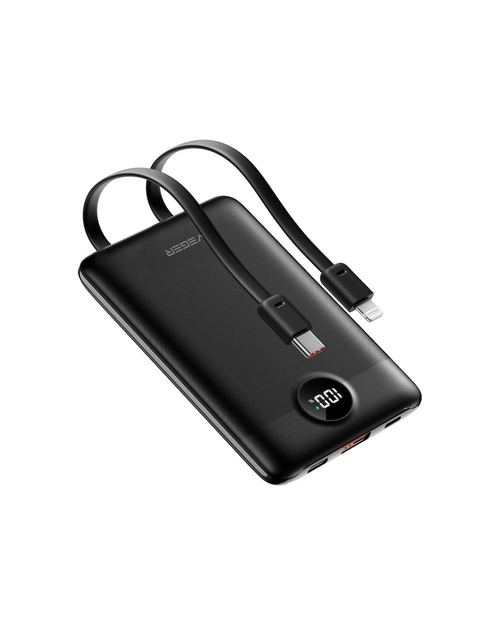Powerbank VEGER C11, 10000mAh, 22.5W, PD 3.0, QC 3.0, USB-A, USB-C, Kabllo të Integruara - Zezë