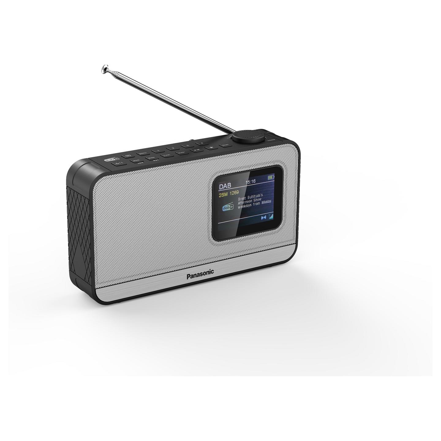 Radio portative Panasonic RF-D15, DAB+, FM, Tuner digjital, 3 W RMS, Ekran LCD 2,4", Kontroll rrotullues i volumit, Bateri AA - Zezë, argjend - 3
