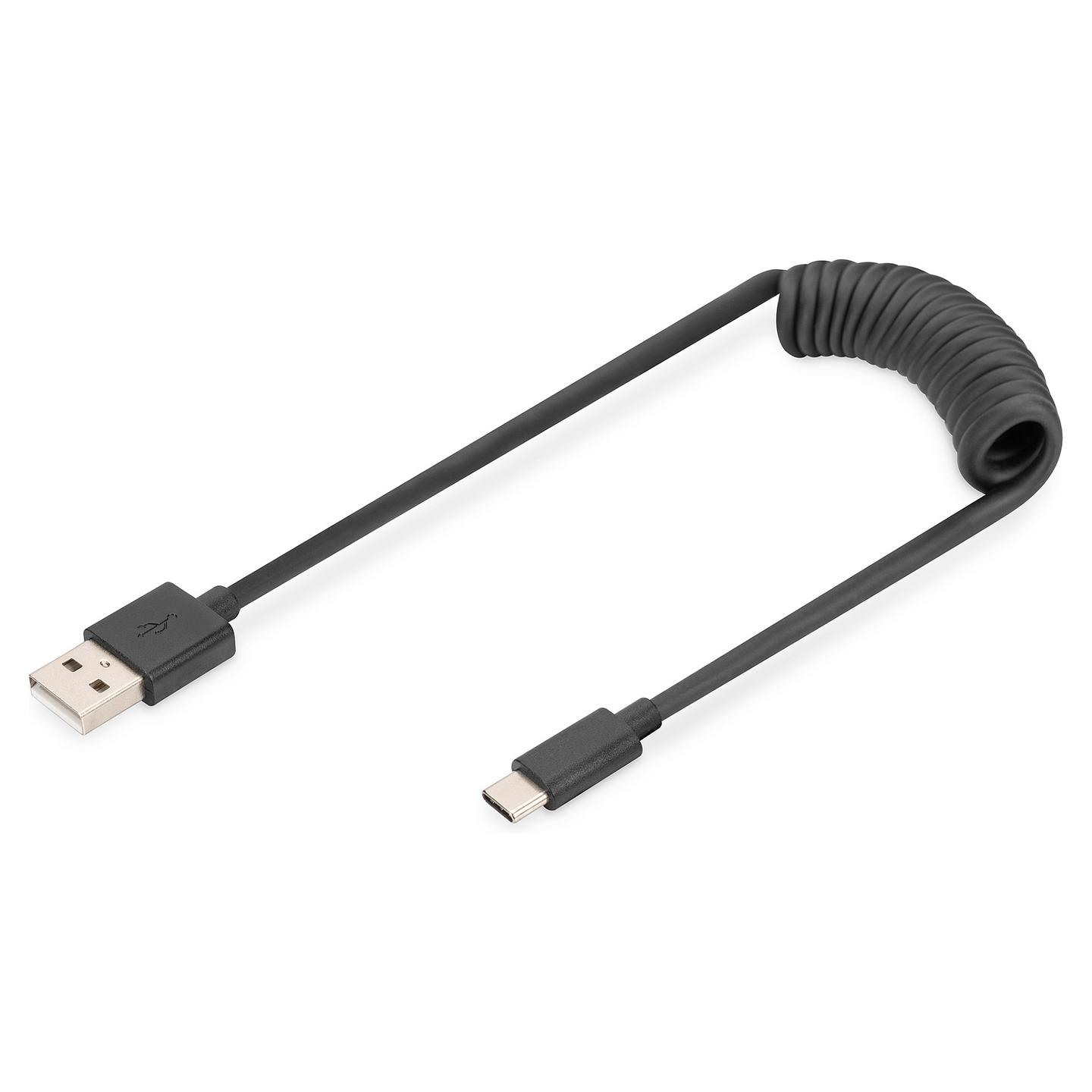 Kabllo USB Digitus AK-300430-006-S / USB-A në USB-C / 1m / USB 2.0 / 480Mbps / 60W / 3A / Spirale - Zezë
