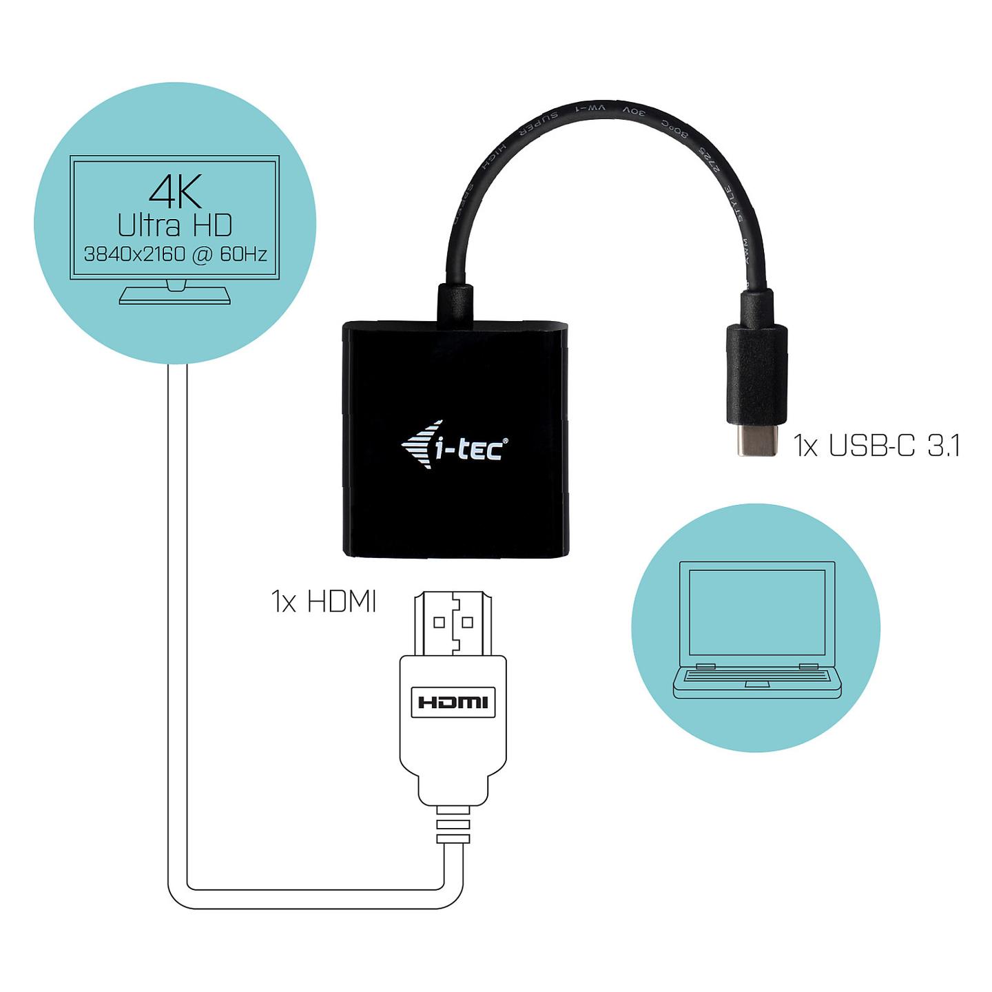 Adapter Video i-tec C31HDMI60HZP, USB-C në HDMI, 4K/60Hz, Kabllo 15cm - Zezë - 3