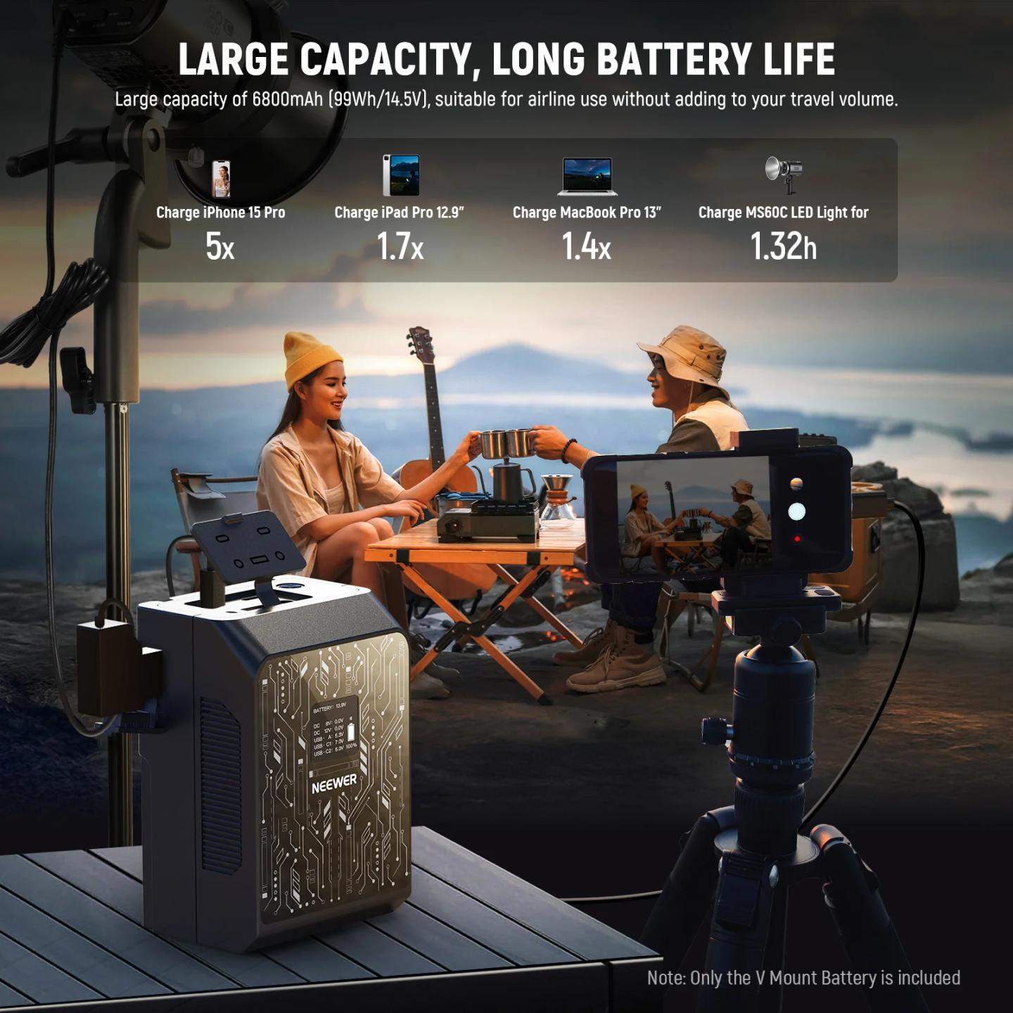 Bateri V-Mount për Kamerë Neewer PS099S, 6800mAh, 99Wh, 14.5V, 100W PD, D-Tap, USB-C, Kontroll me Aplikacion - Zezë - 2