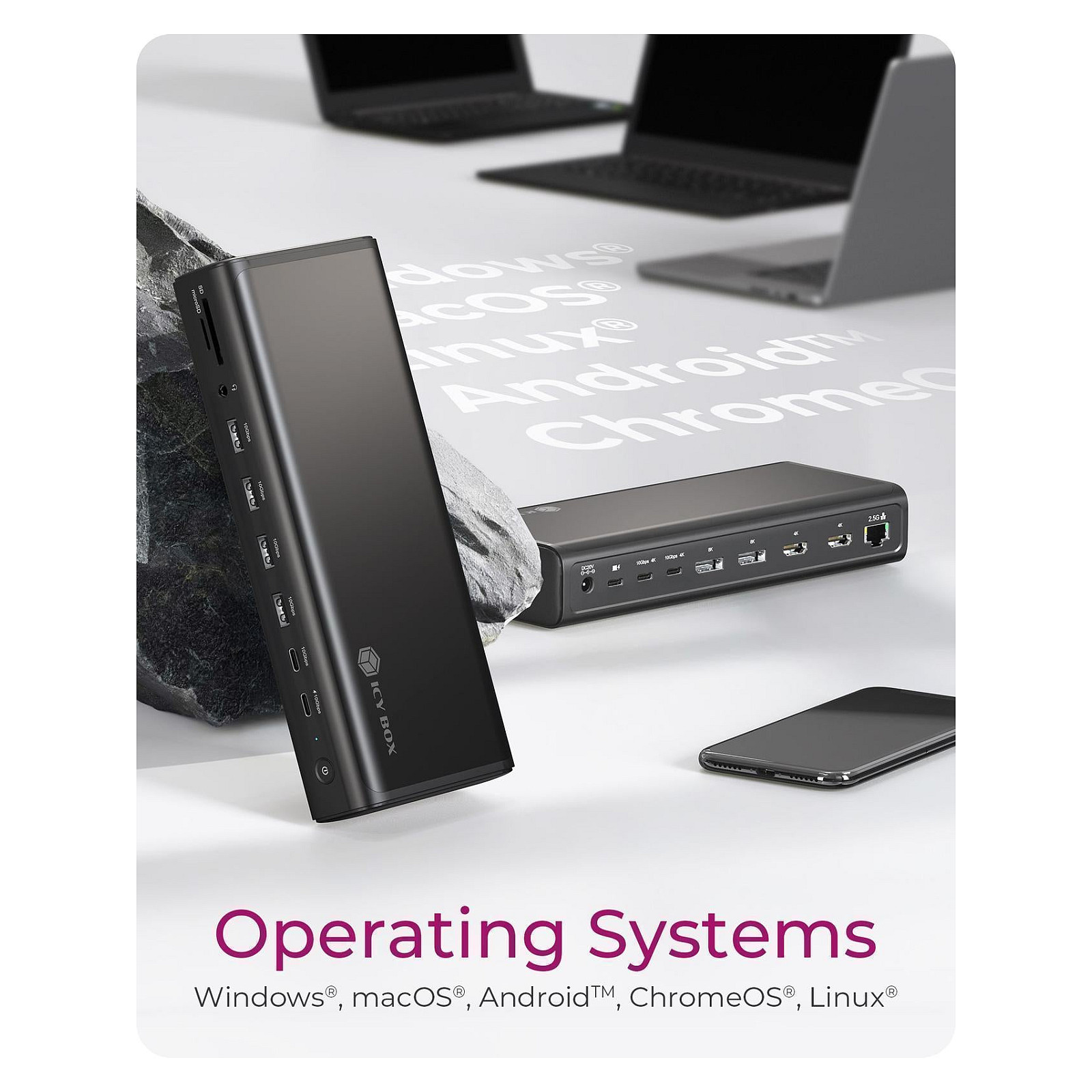 Docking Station ICY BOX IB-DK7401-CU31 / 17-Port / USB 3.2 Gen 2 / DisplayLink / 8K 144Hz / 2.5GbE / 140W PD - Zezë - 8