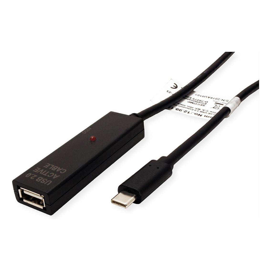 Kabllo USB VALUE 12.99.1113, USB-C Mashkull në USB-A Femër, USB 2.0, 480Mbps, 15m, Zgjatuese Aktive - Zezë