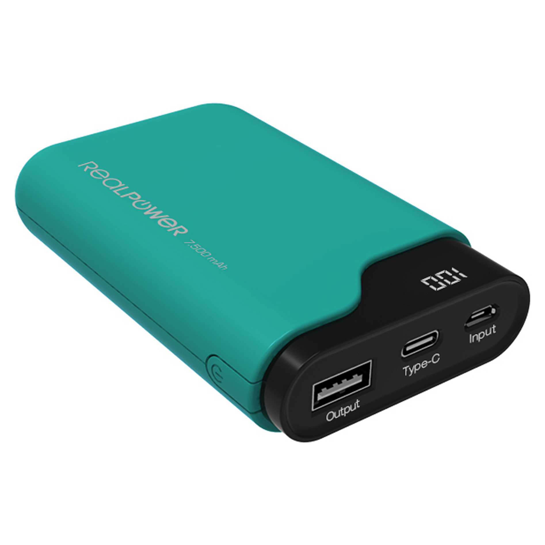 Powerbank RealPower PB-7500C / 7500mAh / USB-A + USB-C / Display – Gjelbër