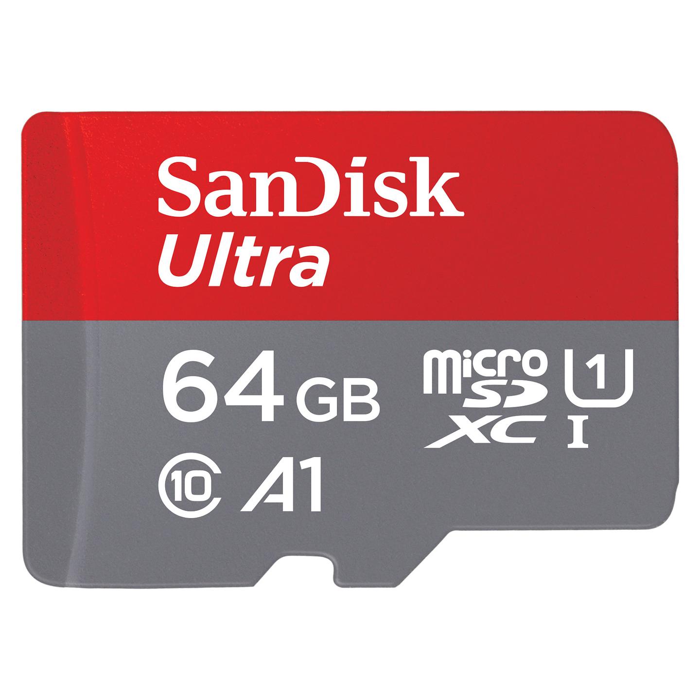 Kartë Memorie SanDisk Ultra, microSDXC, 64GB, UHS-I, Class 10, A1, 100MB/s, me Adapter - Kuqe/Gri