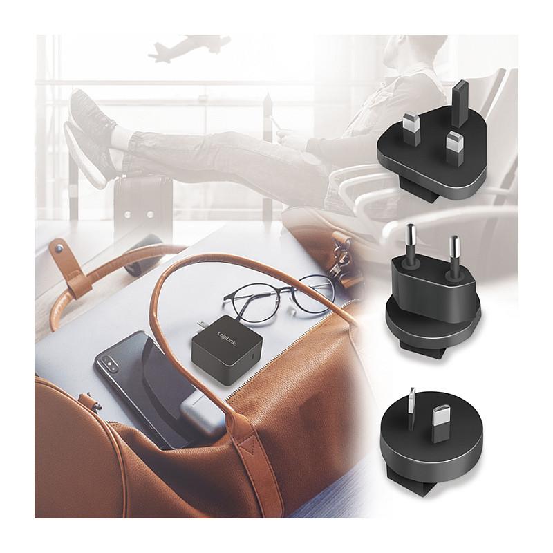 Karikues LogiLink PA0302, USB-C, GaN, 65 W, PD 3.0, adaptorë ndërkombëtarë - Zezë - 8