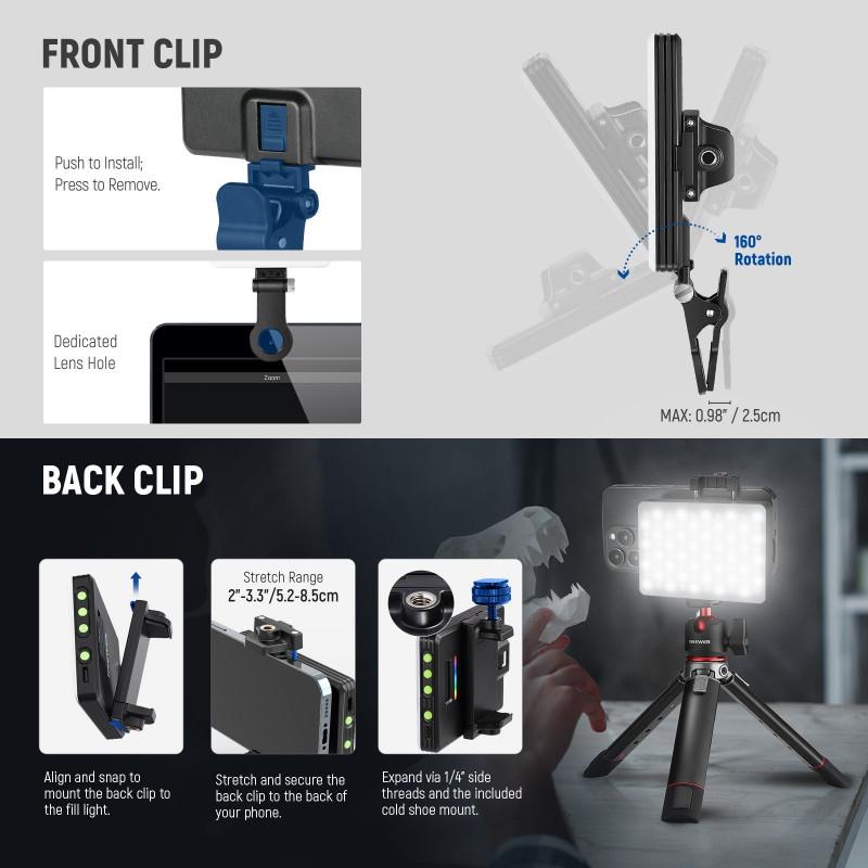 Dritë e Mençur Neewer VL67C, RGB, 5W, 94 LED, 450Lux, 2500-8500K, CRI 97, Bluetooth, USB-C - Zezë - 2