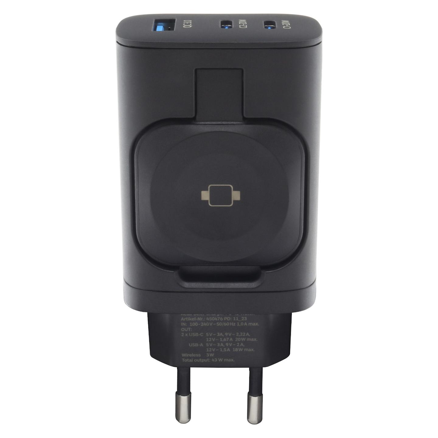 Karikues RealPower PC-43 Watch / 43W / 2x USB-C + USB-A / Karikim Wireless për Smartwatch – Zezë - 3