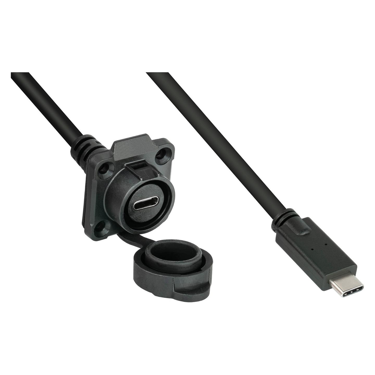 Kabllo USB ALCASA IC01-16U3102-005, USB-C mashkull në USB-C femër për montim, USB 3.2 Gen 2, 10 Gbit/s, 60 W, IP67, 0,5 m - Zezë - 1