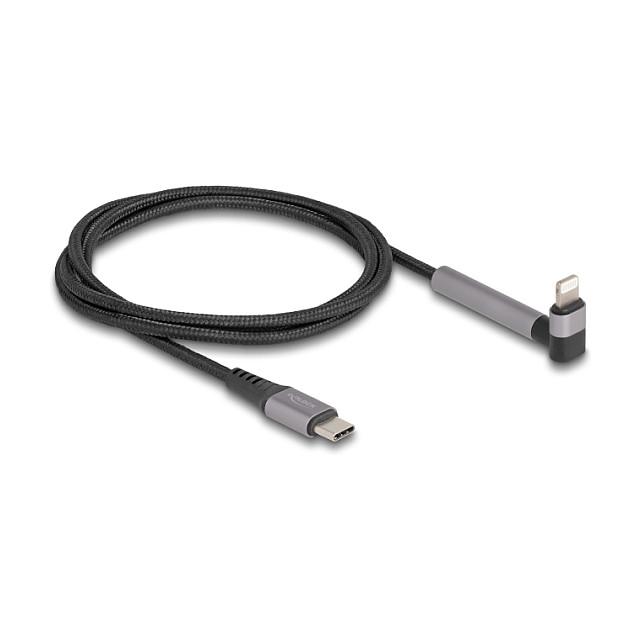 Kabllo USB DeLOCK 85405, USB 2.0 Type-C mashkull në Lightning 8-pin mashkull, konektor Lightning i kënduar me funksion mbështetëse, MFi, deri në 3 A, 1,5 m - Zezë/Hiri - 1