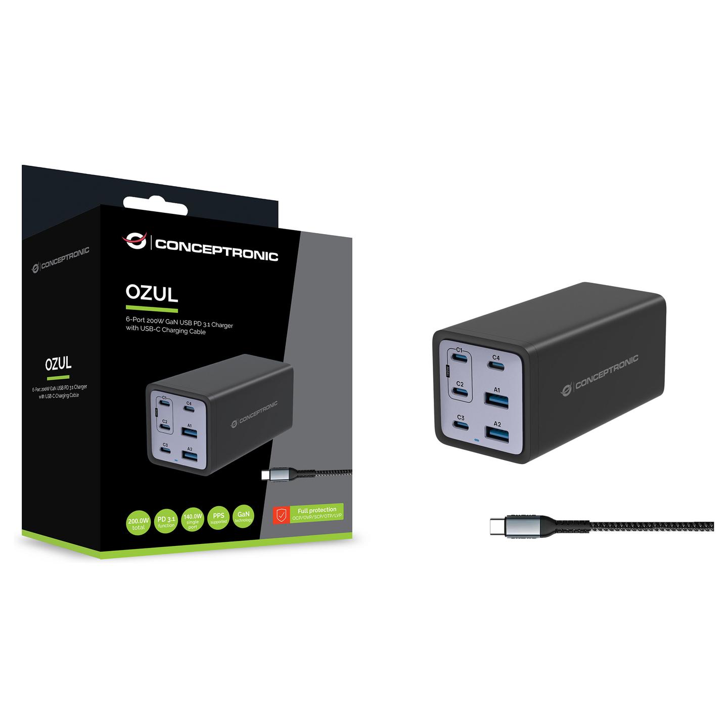Adapter Conceptronic OZUL06BE / 200W / GaN / 4x USB-C + 2x USB-A / PD 3.1 / PPS / QC 3.0 / Kabllo USB-C - Zezë - 3