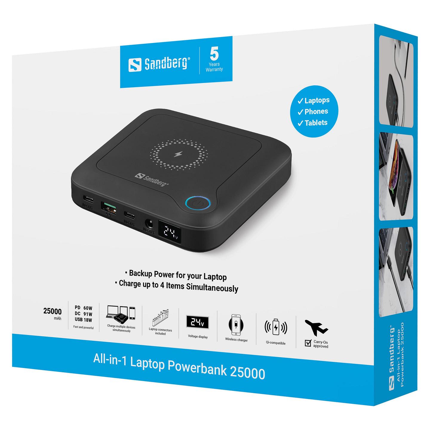 Powerbank Sandberg All-in-1 Laptop / 25000mAh / PD 60W / DC 91W / Wireless 15W - Zezë - 10