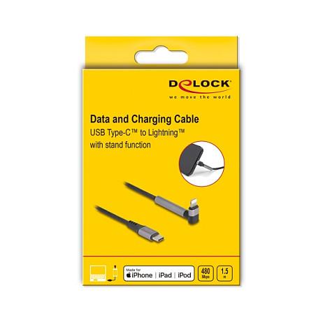 Kabllo USB DeLOCK 85405, USB 2.0 Type-C mashkull në Lightning 8-pin mashkull, konektor Lightning i kënduar me funksion mbështetëse, MFi, deri në 3 A, 1,5 m - Zezë/Hiri - 3