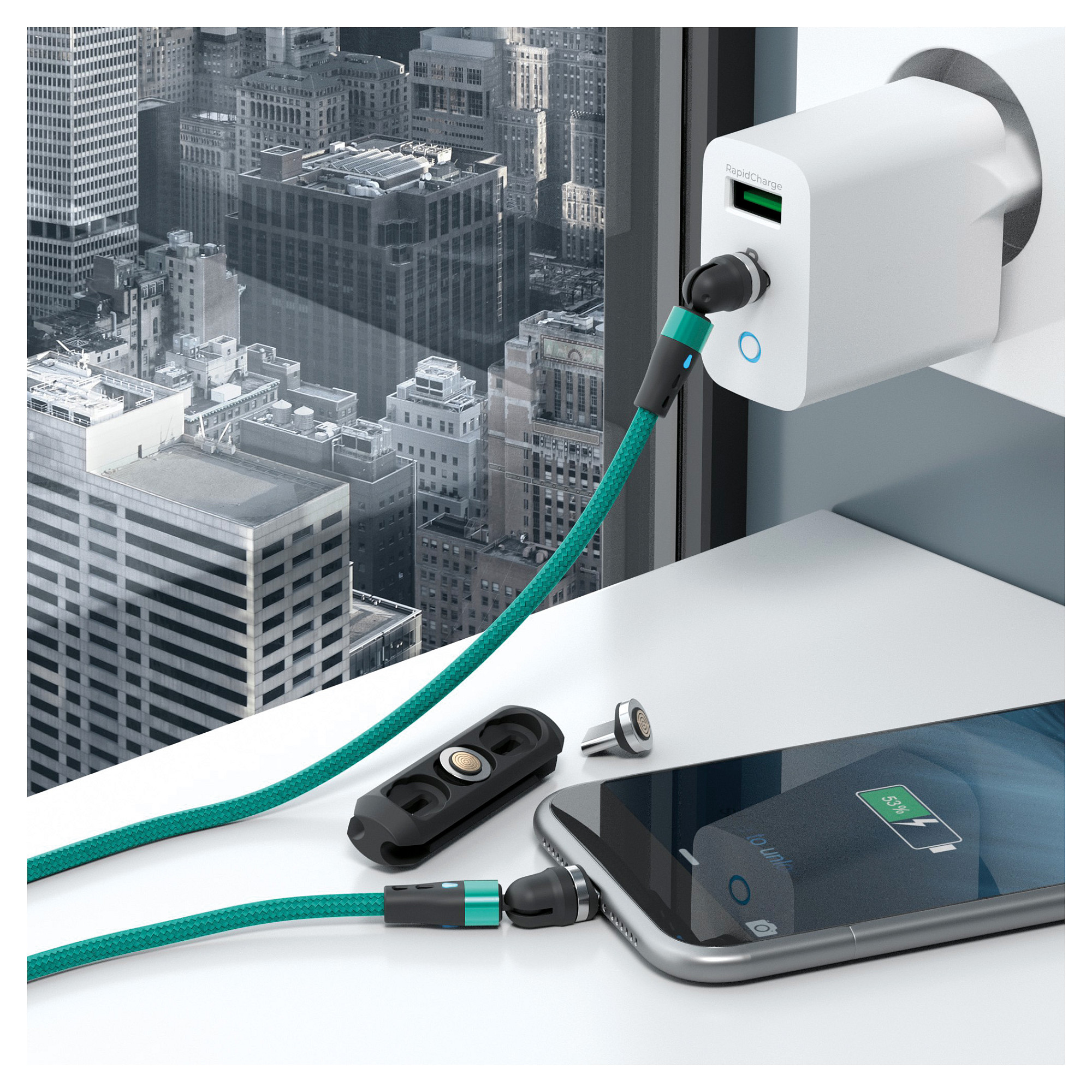 Kabllo RealPower MagneticCharge2 / USB-A → USB-C / Magnetike / 1m / 6 Adapterë – Gjelbër - 5